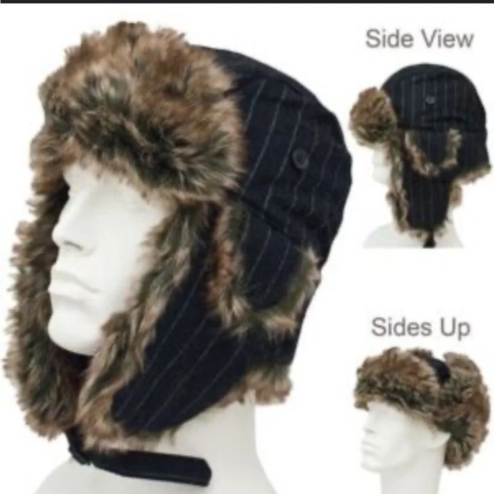 Trappers Hat Wool Pinstripe Fur Trappers Hat Size 2XL-3XL Black